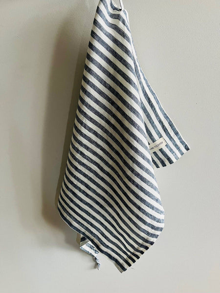 Pure French Linen Tea Towel - Navy Stripe