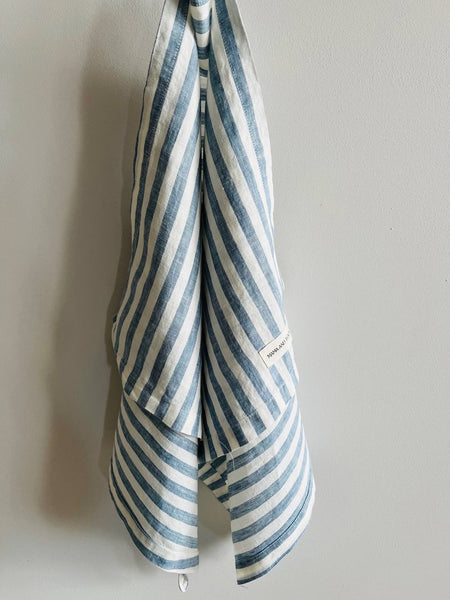 Pure French Linen Tea Towel - Stone Blue Stripe